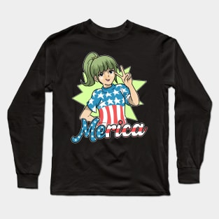 Merica Anime Girl Otaku USA Flag Patriotic Long Sleeve T-Shirt